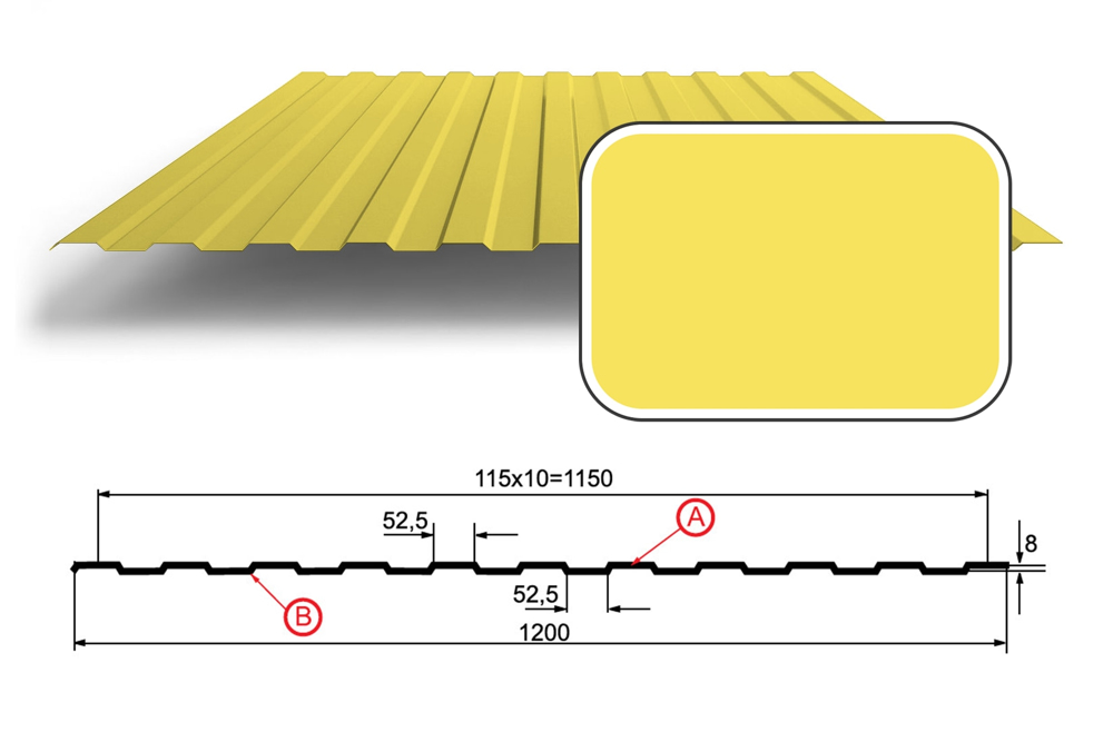 Профнастил С-8 с покрытием Полиэстер 0,70 мм (СТАНДАРТ), RAL 1018 Желтый цинк