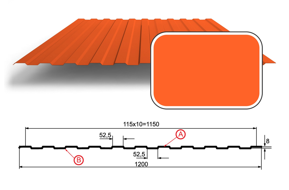 Профнастил С-8 с покрытием Полиэстер 0,70 мм (СТАНДАРТ), RAL 2004 Чистый оранжевый