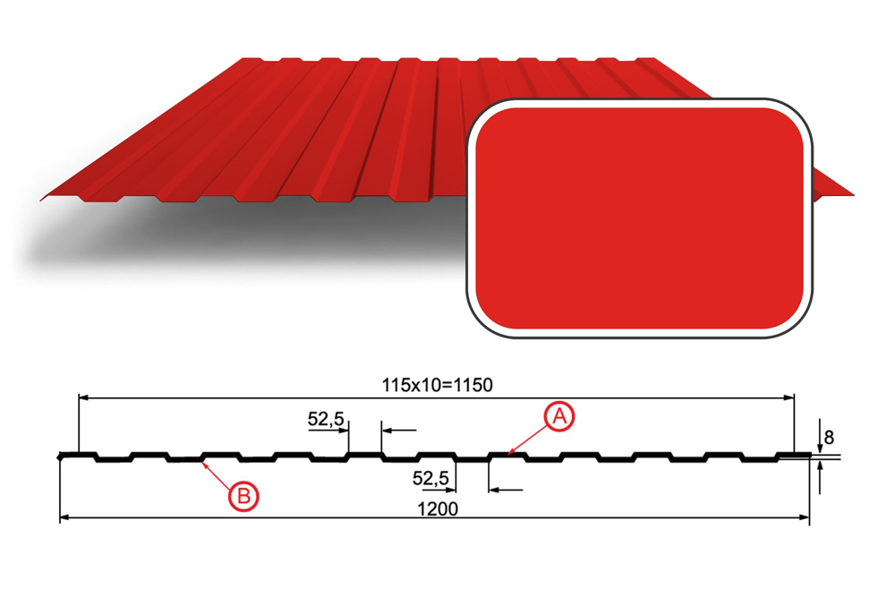 Профнастил С-8 с покрытием Полиэстер 0,70 мм (СТАНДАРТ), RAL 3020 Красный насыщенный