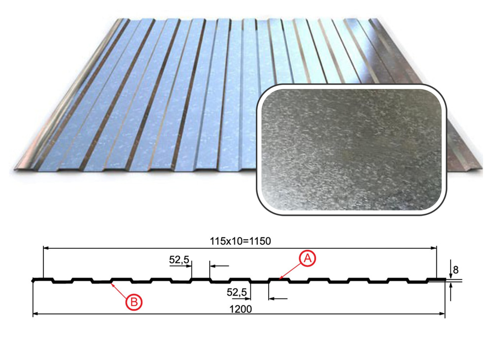 Профнастил С-8  Zn (цинк) 0,55 мм (ЭКОНОМ), Оцинкованный
