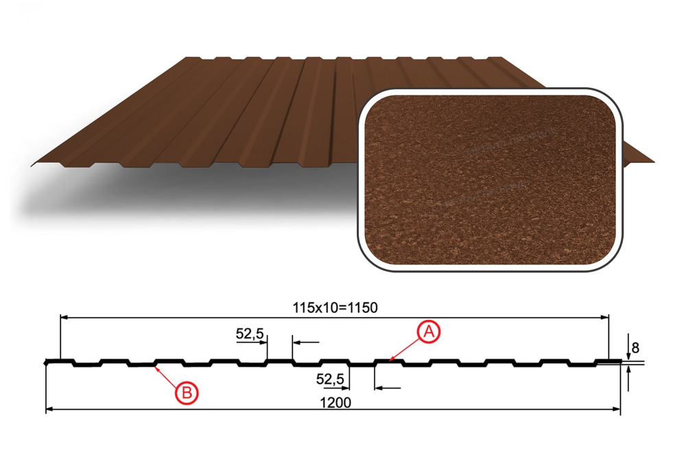 Профнастил С-8 с покрытием VikingMP E 0,50 мм (ПРЕМИУМ), RAL 8004 Коричневая медь