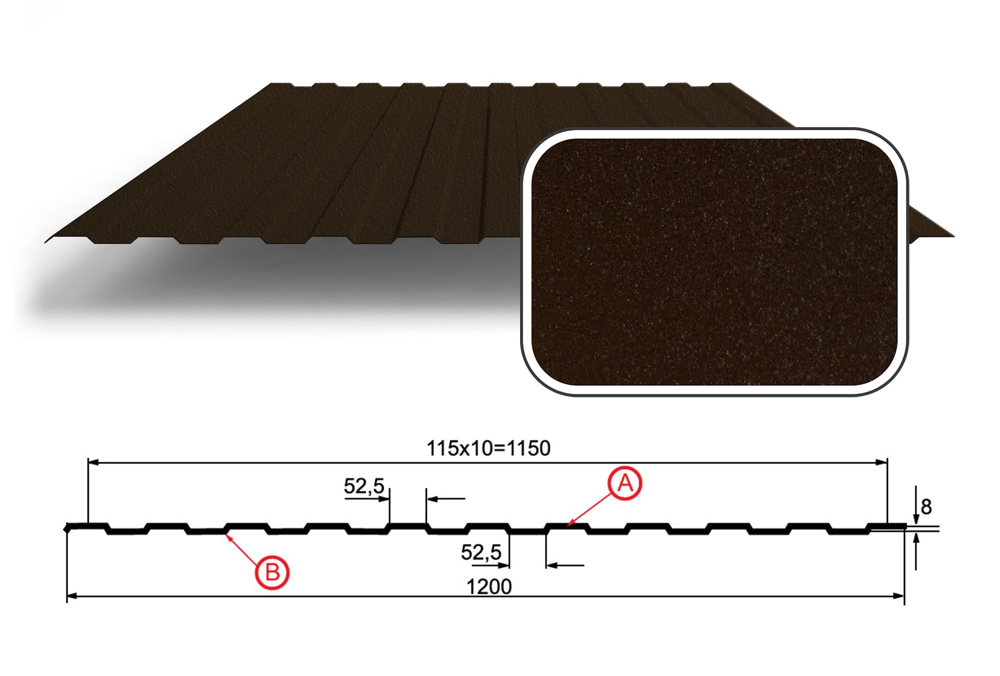 Профнастил С-8 с покрытием MATT (0,45 мм ТУ), RAL 8017 Коричневый шоколад