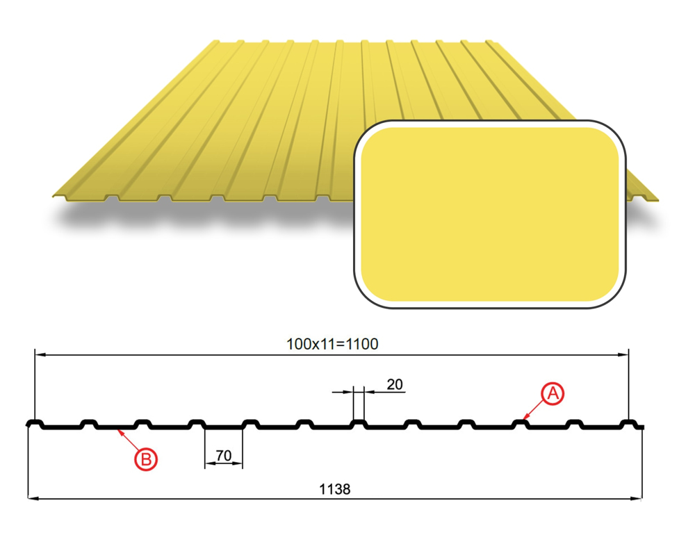 Профнастил С-10 с покрытием Полиэстер 0,70 мм (СТАНДАРТ), RAL 1018 Желтый цинк