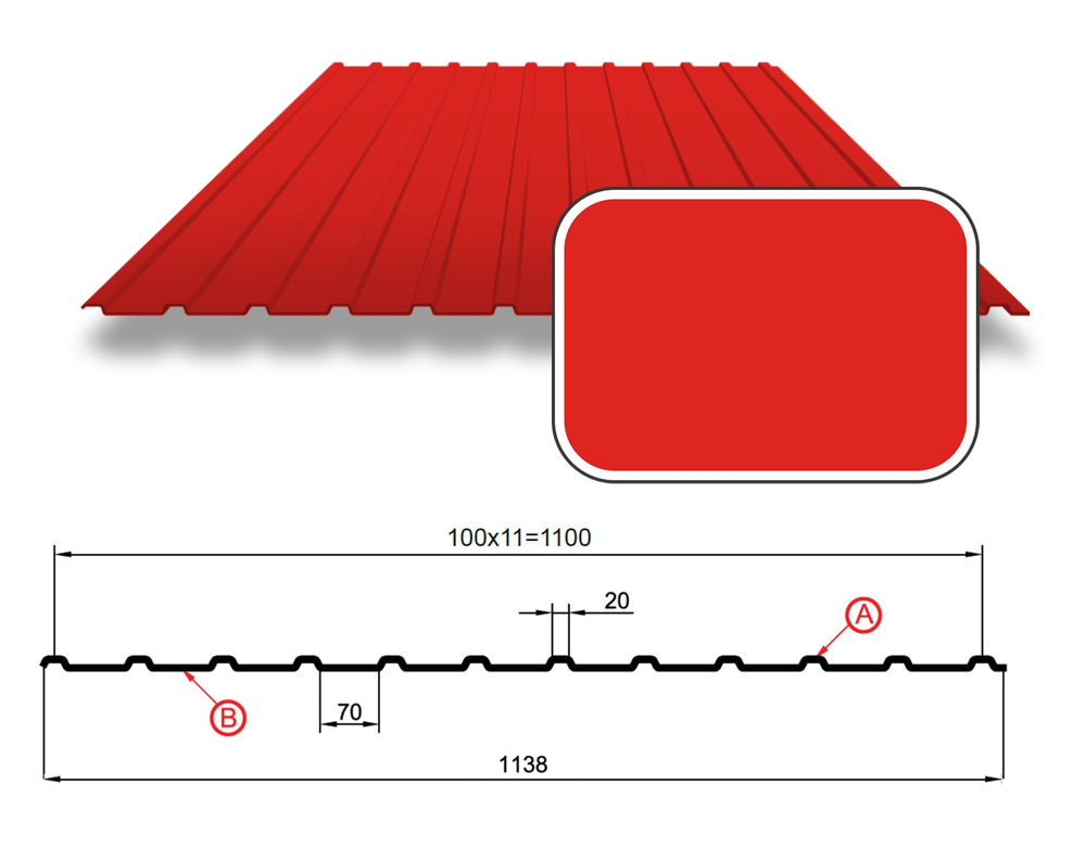 Профнастил С-10 с покрытием Полиэстер 0,70 мм (СТАНДАРТ), RAL 3020 Красный насыщенный
