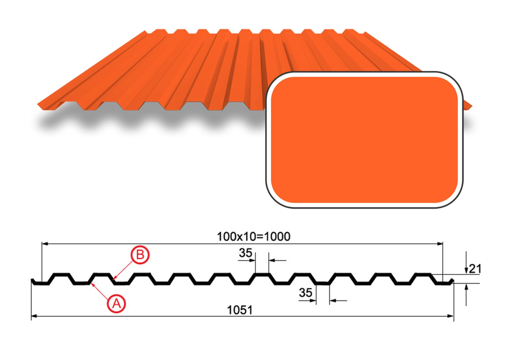 Профнастил С-21 с покрытием Полиэстер 0,70 мм (СТАНДАРТ), RAL 2004 Чистый оранжевый